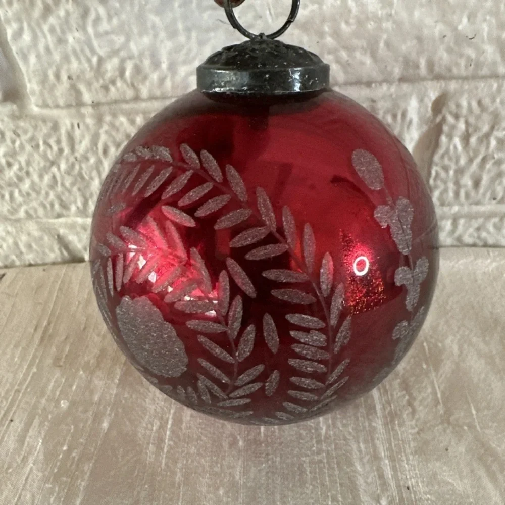 Pottery Barn Large Mercury Etched Glass Christmas CRANBERRY Ornament Ball Red 4